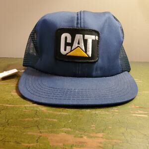 Vintage CAT Patch Navy Blue Mesh Snapback Trucker Hat Cap By Tonkin USA Nice